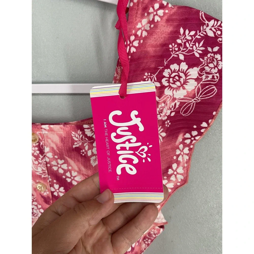 Justice Girls Jumpsuit Pink Floral Ruffle Belted Pockets XL 16/18